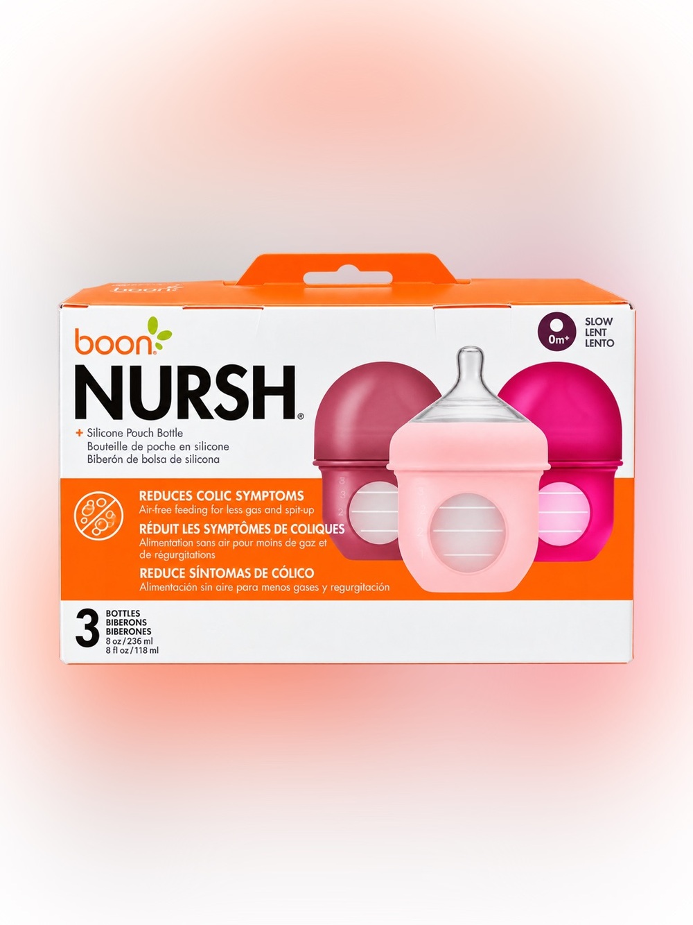 NEW Boon NURSH Silicone Baby Bottles 3 Pack Pink 8oz Anti Colic 3M+